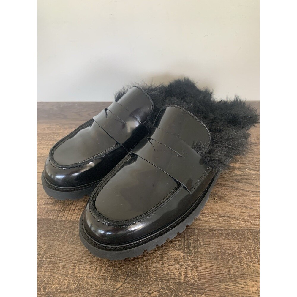 Thursday Penny Mule Black Shearling Size 12 Preppy Faux Fur Lined Womens Slip On